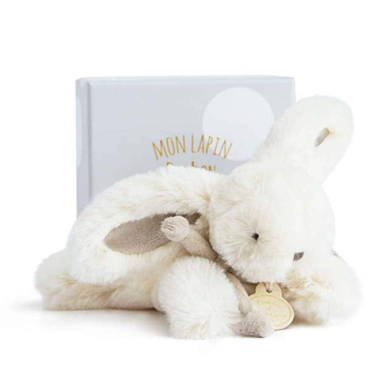 White and brown bunny stuffed animal with box