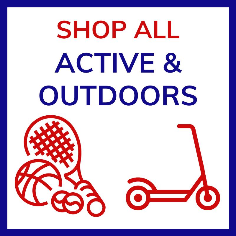 Words Active & Outdoors and cartoons of sports equipment and a scooter