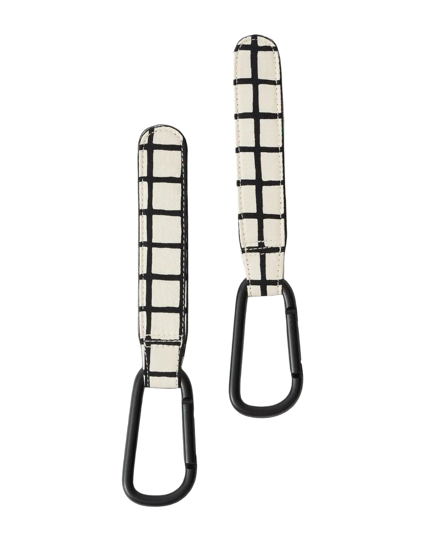 Two black carabiner keychains with cream-colored textured straps featuring a black grid pattern, shown on a light gray background.