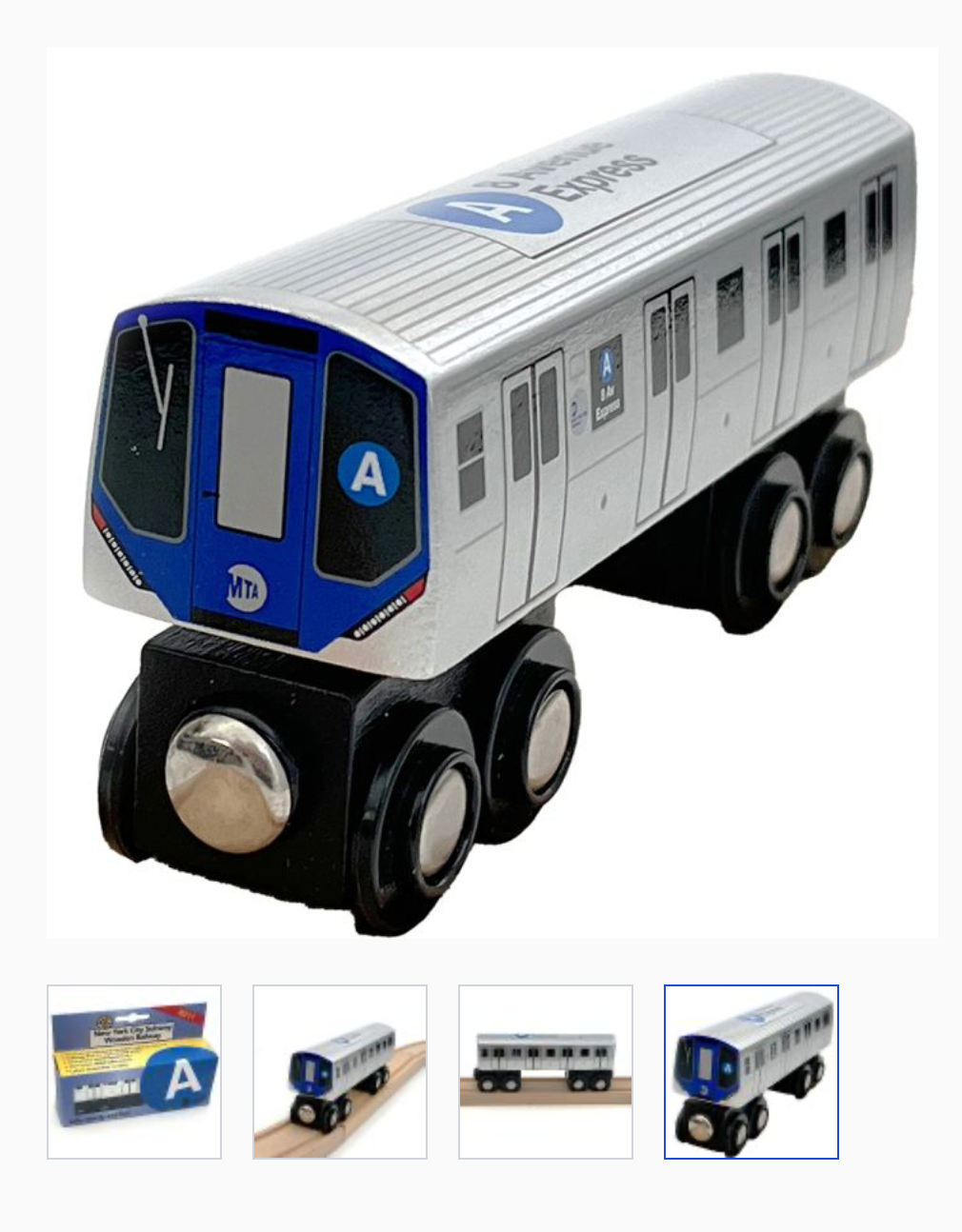 Toy train model of an MTA subway car on a white background