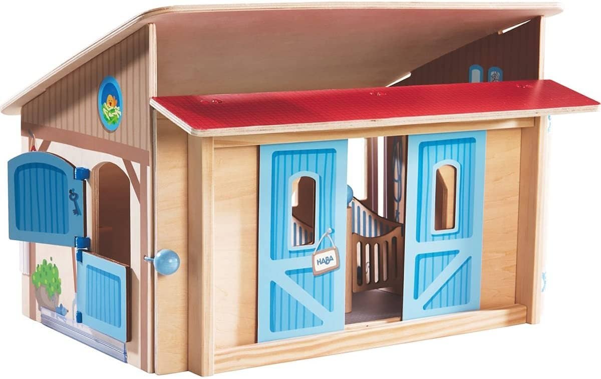 Little Friends Folding Wooden Horse Stable Riding School Play Set With 3 Stalls, Sliding Doors Feeding Trough And Washing Station-Kidding Around NYC