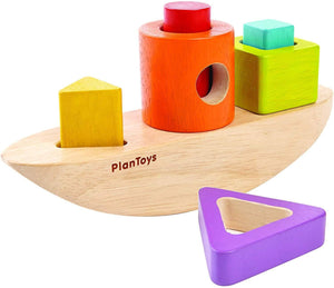 Recycled Wood 7-Piece Sorting And Stacking Boat Playset By Plantoys-Kidding Around NYC