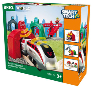 Brio World Smart Tech 33873 - Large Smart Engine Set With Action Tunnels, Includes 17 Pieces, Smart Engine And Tunnels, Wooden Tracks For Wooden Train, Railway-Kidding Around NYC