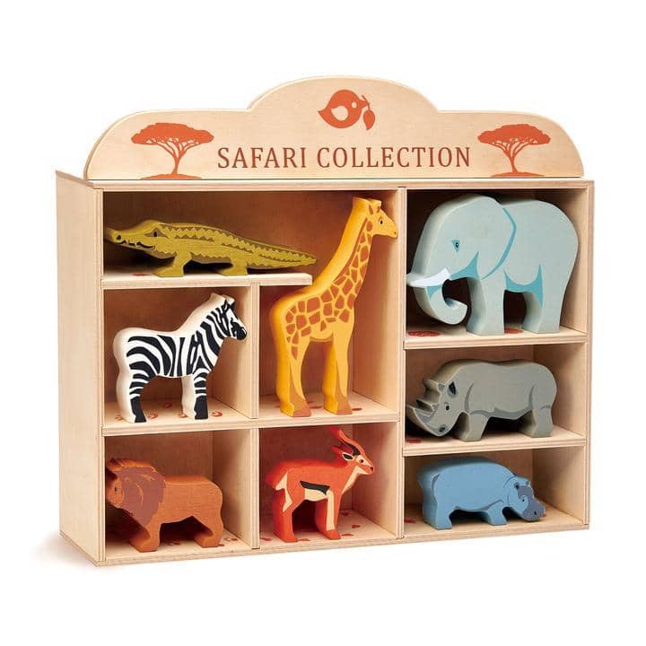 Safari Animal Wooden Figurines & Display Shelf