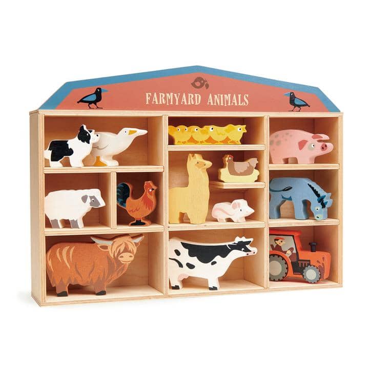 Farmyard Animal Wooden Figurines & Display Shelf
