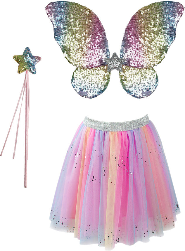 Rainbow Sequins Skirt, Wings and Wand